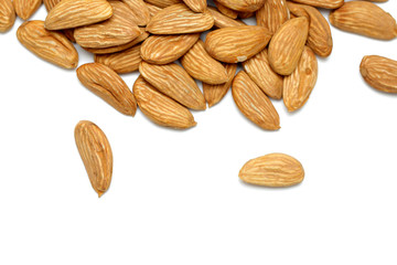 Almond mamra giri isolated. Group of almond nuts isolated on white background. Full depth of field