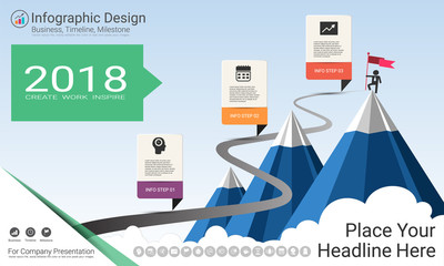 Business infographics template, Milestone timeline or Road map with Process flowchart 3 options, Strategic plan to define company values, Scheduling in project management to make facts and statistics.