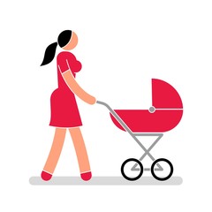 Woman young mom in red dress with baby carriage walking