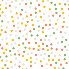 Colorful polka dots seamless pattern on white 5 background. Glamorous classic colorful polka dots textile pattern. Seamless scattered confetti fall chaotic decor. Abstract vector illustration.