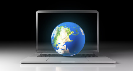 3D Rendering Of Realistic Planet Earth Globe Over Laptop Keyboard The Elements Of This Image Furnished By NASA