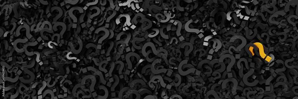 Poster infinite question marks with a distinct one, original 3d rendering illustration