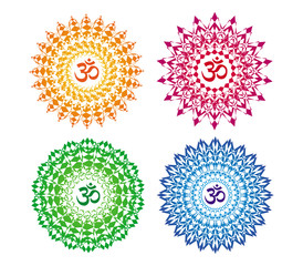 6 mandalas in various colors
 Aum (om) sign in a halo and openwork pattern. Spiritual symbol. Motives of Eastern culture. Vector graphics.
