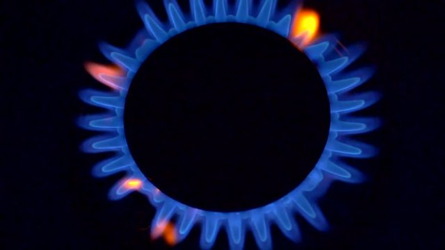 Gas-ring stove with blue flame on black background. Slow motion shot.