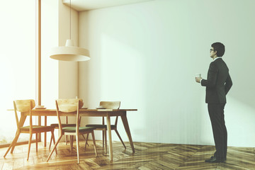 Modern white brick cafe, green chairs, wall toned