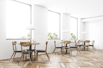 White loft restaurant interior, side view