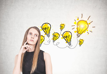 Pensive blonde woman, ideas