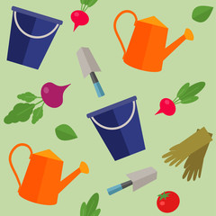 garden background, pattern from vector objects for farmer, texture from elements :: bucket, scapula, watering can, beet, radish, leaf, gloves