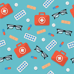 medical background, vector pattern from the objects on the doctor's table: first-aid kit, glasses, plaster, tablets, pills, a pattern from hospital elements