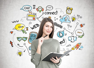 Smiling woman with a planner, social media