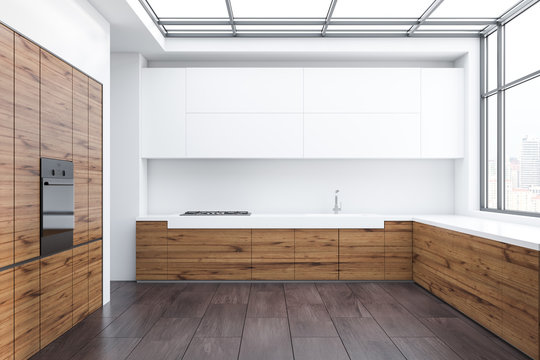Wooden and white kitchen interior, oven