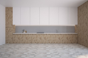 Gray wall pattern kitchen interior