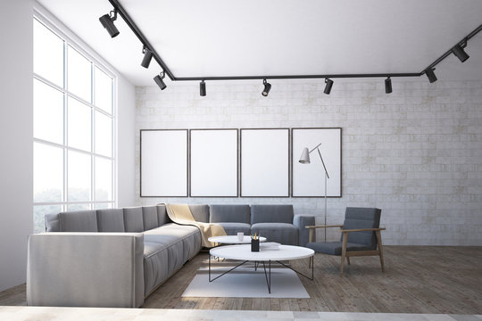 White brick scandinavian living room interior