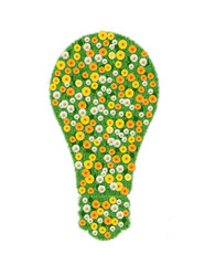 Green energy light bulb shape in flowers, grass.