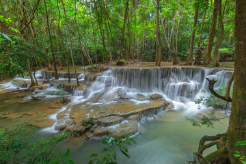 Beautiful Huay Mae Kamin Waterfall in Khuean Srinagarindra National Park, Kanchanaburi Province. Thailand