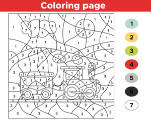 Educational number coloring page for preschool children. Funny cartoon train. Vector illustration