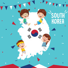 Fototapeta premium Vector Illustration Of South Korea Flag And Kids
