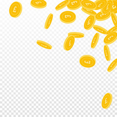 British pound coins falling. Scattered big GBP coins on transparent background. Elegant scattered top right corner vector illustration. Jackpot or success concept.