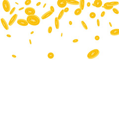 Chinese yuan coins falling. Scattered disorderly CNY coins on white background. Positive scatter top gradient vector illustration. Jackpot or success concept.