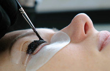 Beauty treatment. Cosmetologist puts black paint on the lashes. laminating eyelashes. Closeup face...