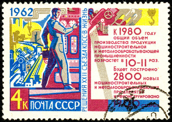 Ukraine - circa 2018: A postage stamp printed in USSR show propaganda poster Metallurgical industry and statistics. Forecast until 1980. Series: Resolution of 22nd Communist Party Congress. Circa 1962