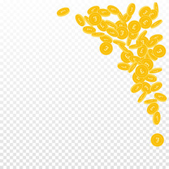 British pound coins falling. Scattered small GBP coins on transparent background. Popular top right corner vector illustration. Jackpot or success concept.