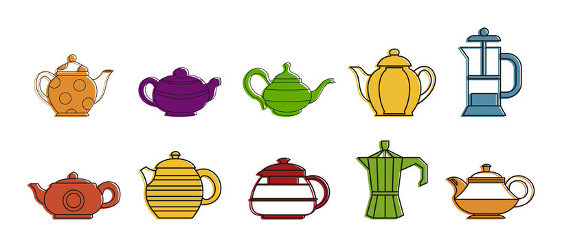 Tea pot icon set, color outline style