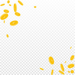 British pound coins falling. Scattered disorderly GBP coins on transparent background. Lovely scatter abstract corners vector illustration. Jackpot or success concept.