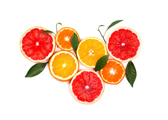 Citrus fruits isolated on white background. Isolated citrus fruits. Pieces of lemon, pink grapefruit and orange isolated on white background, with clipping path. Top view