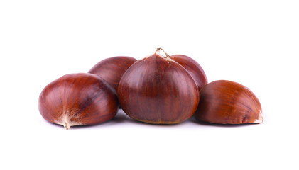 Fresh chestnuts with peeled roasted chestnut isolated on white background. Hippocastanum isolated. Isolated chestnut set