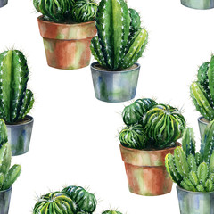 Seamless pattern with cacti watercolor. Cactus illustration can be used as print, home or garden decoration, wrapping paper, textile or wallpaper. 