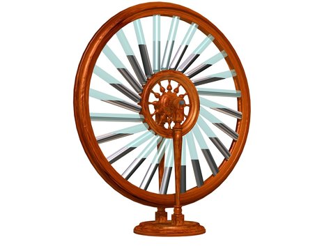 Bhaskara`s wheel. Perpetual motion machine. Perpetuum mobile. Physics. 3D illustration isolated on a white background.