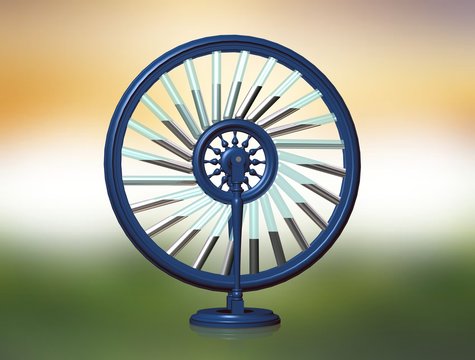 Bhaskara`s wheel. Perpetual motion machine. Perpetuum mobile. Physics. 3d illustration on a background of the colors of the flag of India.