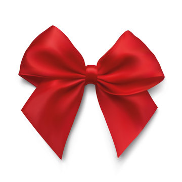 Realistic red bow on white background - stock vector.