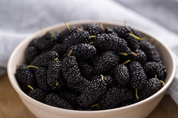 Closeup of fresh blackberries in a bowl. 
