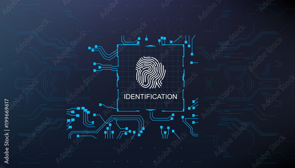 Poster identification, finger scan in futuristic style biometric id with futuristic hud interface fingerpri