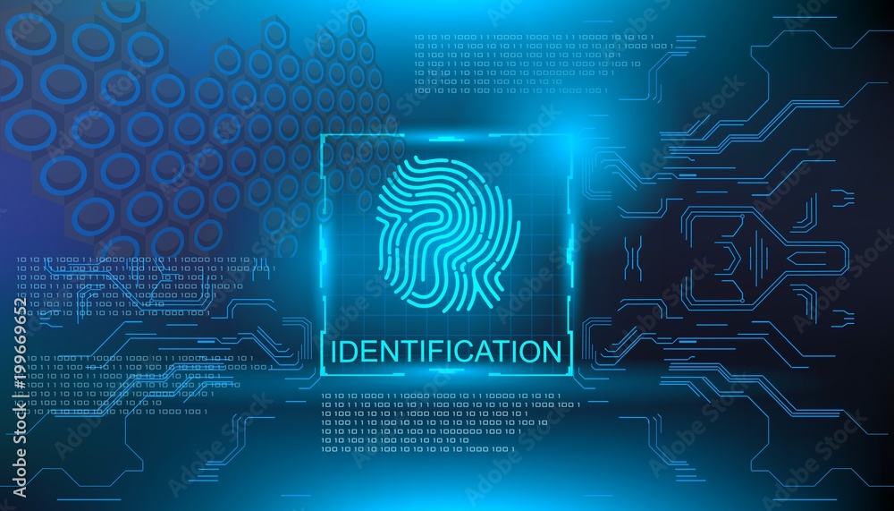 Poster identification, finger scan in futuristic style biometric id with futuristic hud interface fingerpri