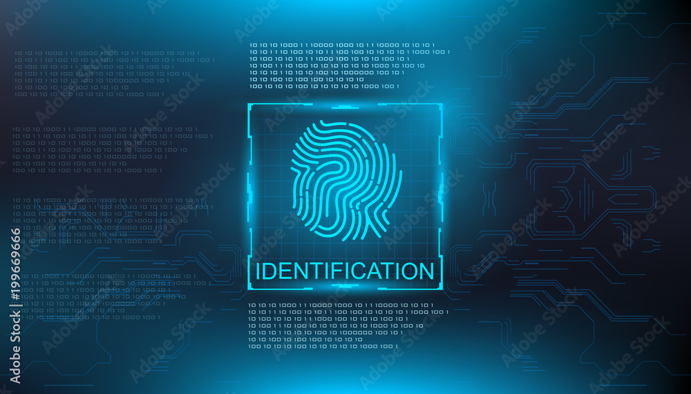 Poster identification, finger scan in futuristic style biometric id with futuristic hud interface fingerpri