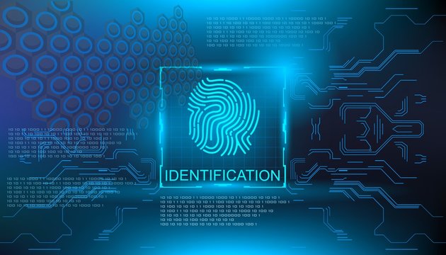 Identification, finger scan in futuristic style biometric id with futuristic hud interface fingerprint scanning