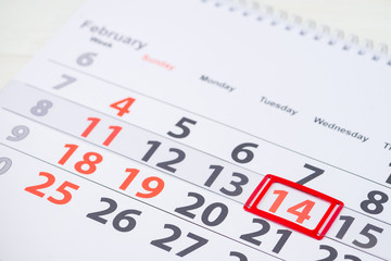 Valentines day. February 14 mark on the calendar, close-up
