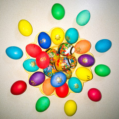 Colorful Easter eggs on light background.