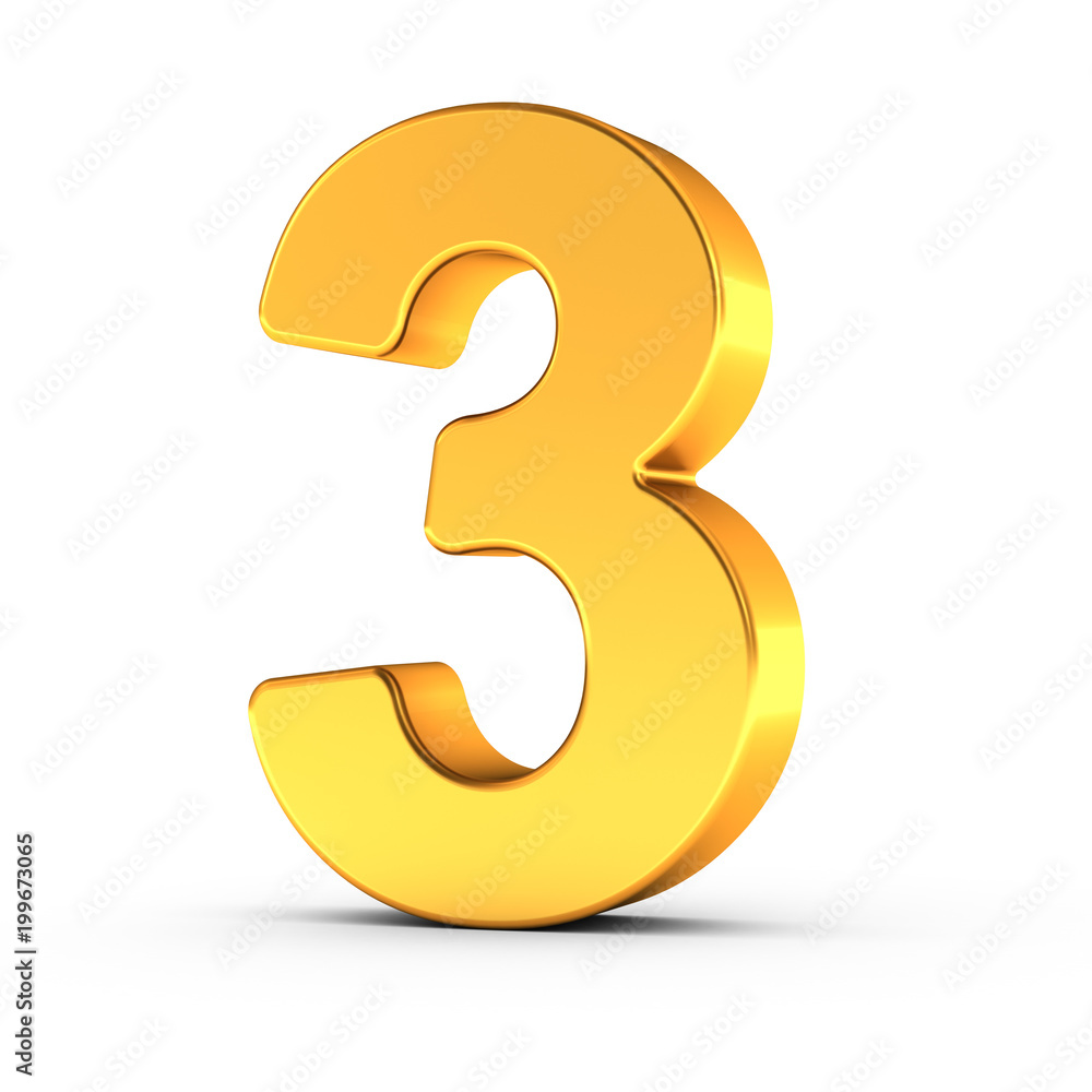 Poster the number three as a polished golden object with clipping path
