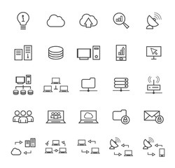 Set of Quality Universal Standard Minimal Simple Black Thin Line Network , Technology and Analytics on White Background 