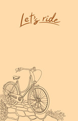 Vintage sketch illustration of retro bicycle on the garden path. Perfect for cards, posters, ad, invitations.
