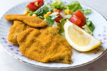 Fried Crispy Sardine Fish Plate with Salad and Lemon / Seafood Sardalya