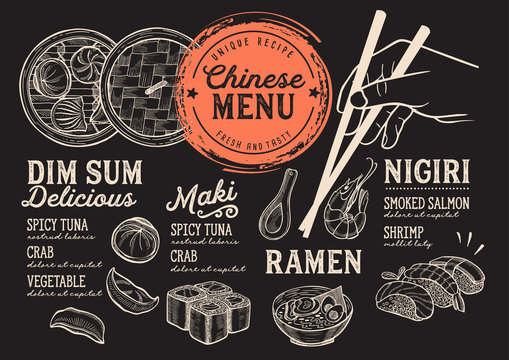 Japanese sushi restaurant menu. Vector chinese dim sum food flyer. Design template with vintage hand-drawn illustrations.