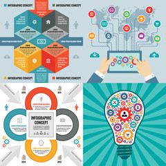 Business infographic templates concept vector illustration. Abstract banner set. Advertising promotion layout collection for presentation. Human hands & tablet. Lightbulb. Graphic design elements. 