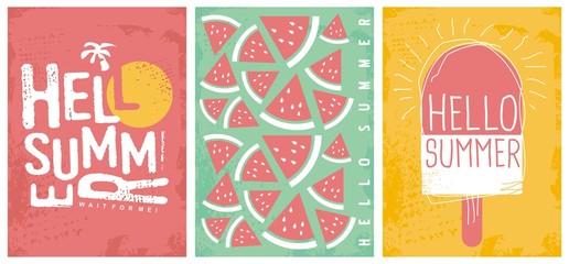 Summer joy creative artistic banners and posters template. Hello summer shirt prints layout with sun, watermelons and ice cream.