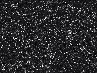 Spray, splatter, splash, painted spots, blobs, drops, specks, flecks vector texture. Black and white hand drawn falling snow, night sky, universe, cosmic pattern, background.
