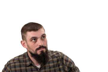 Obraz premium Casual man looking up to blank space over white background